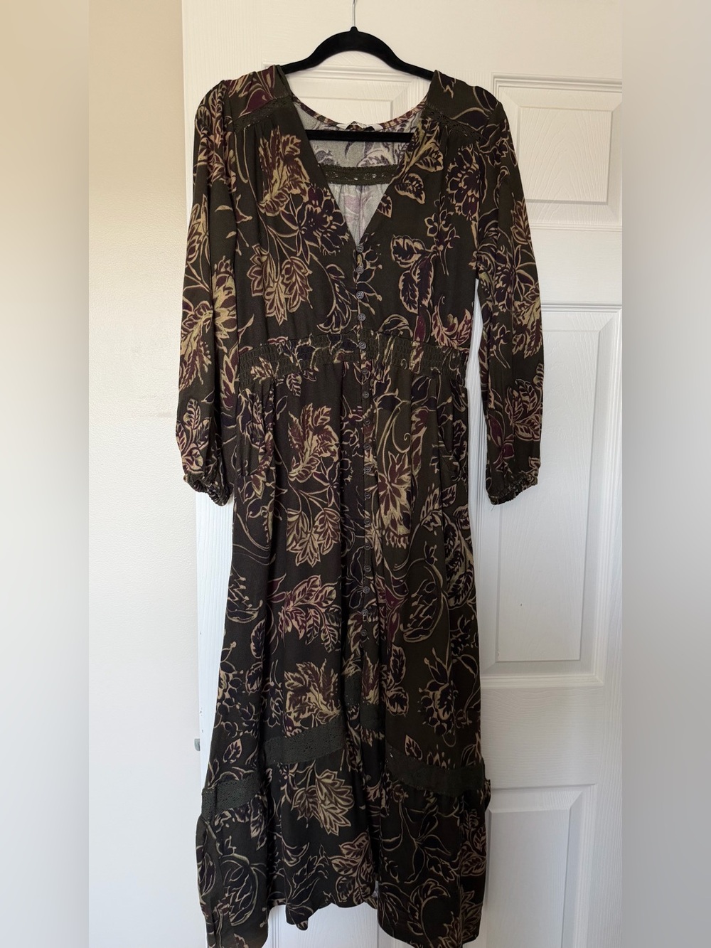Floral Button-Front Maxi Dress in Olive and Taupe